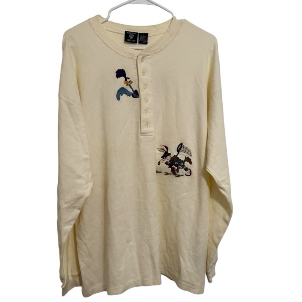 Warner Bros Vintage 1996 Looney Tunes Coyote Road Runner Henley Tee Ivory Large